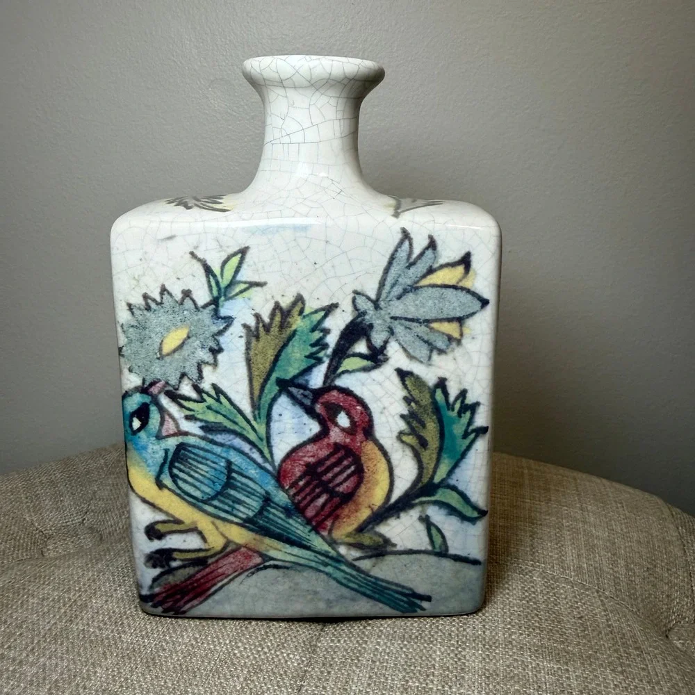 Pottery Barn Mini Iznik Square Vase Crackle Glaze Deer Birds Floral Stoneware